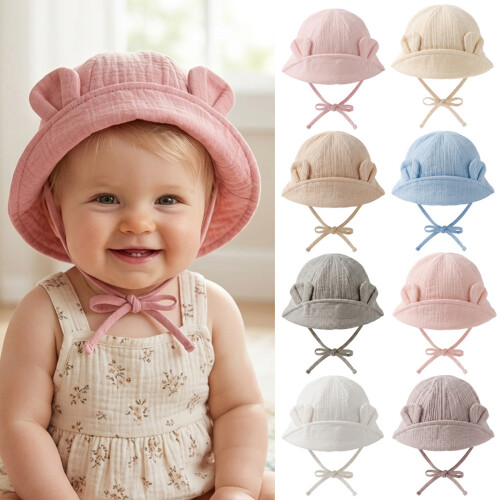Sun Protection Hat Bear Ear Basin Hat with Straps-Light coffee 2
