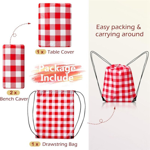 Picknicktischabdeckung mit Bankabdeckung und Tasche, Campingtisch-Set mit Elastischen Kanten, Rot