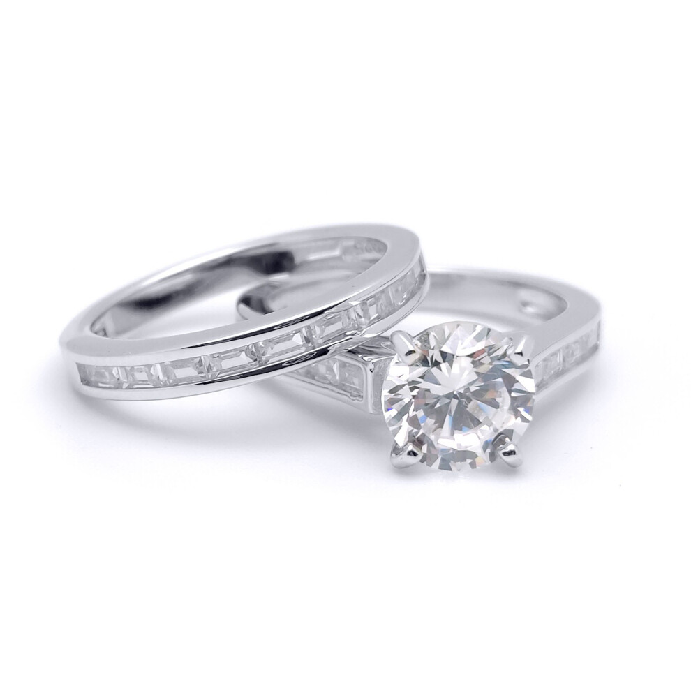 Jewelco London (M) Sterling Round & Baguette Cz Shoulder-Set 4-Claw Solitaire Wedfit Bridal Rings Set - Arn149 Silver