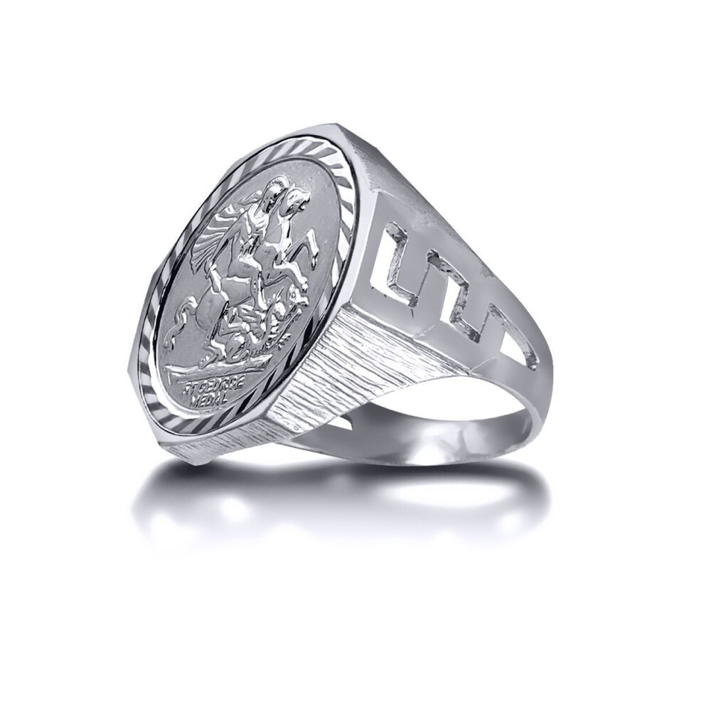 Jewelco London (P) Men's Sterling Curb Links Octagon St George & Dragon Medallion Ring (Half Sov Size) - Arn113-H-Sg Silver