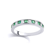 (K) Jewelco London Ladies Sterling Silver Green Princess CZ Alternating 13 Stone Channel Set Half Eternity Ring - GVR961EM