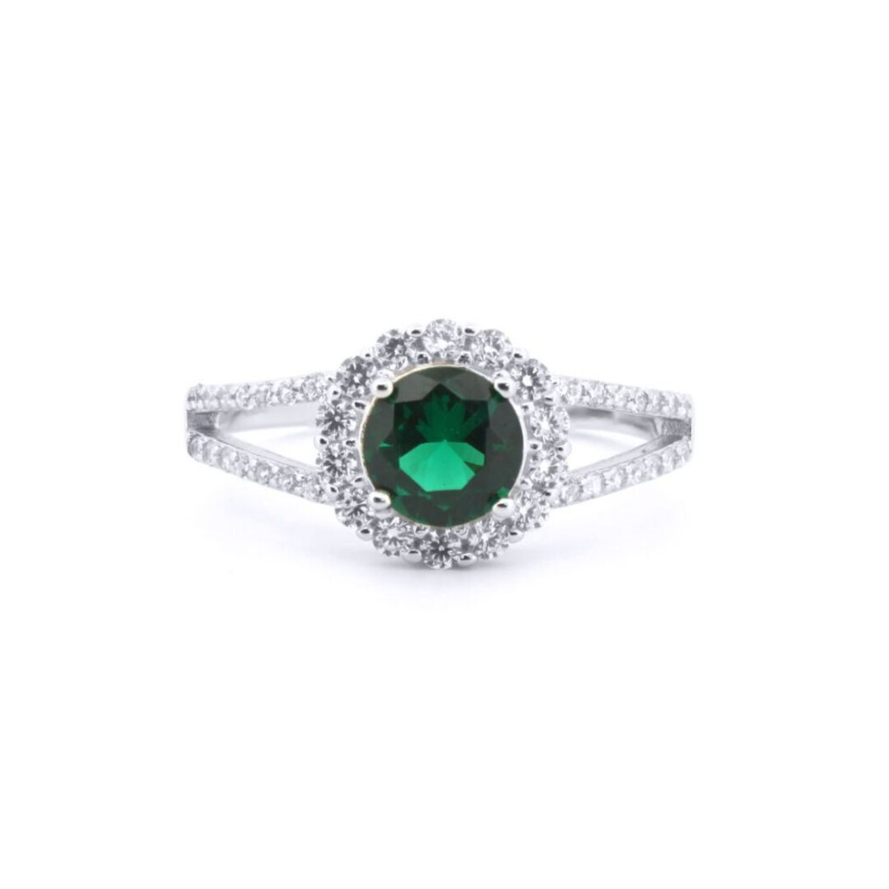 Jewelco London (L) Rhodium Silver Green Round Brilliant Cz Split Shoulder Halo Solitaire Cluster Ring - Arn188g Green,Silver