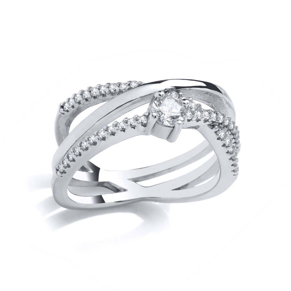 Jewelco London (L) Ladies Rhodium Plated Sterling Cz Triple Band Solitaire Eternity Crossover Ring - Gvr963 Silver