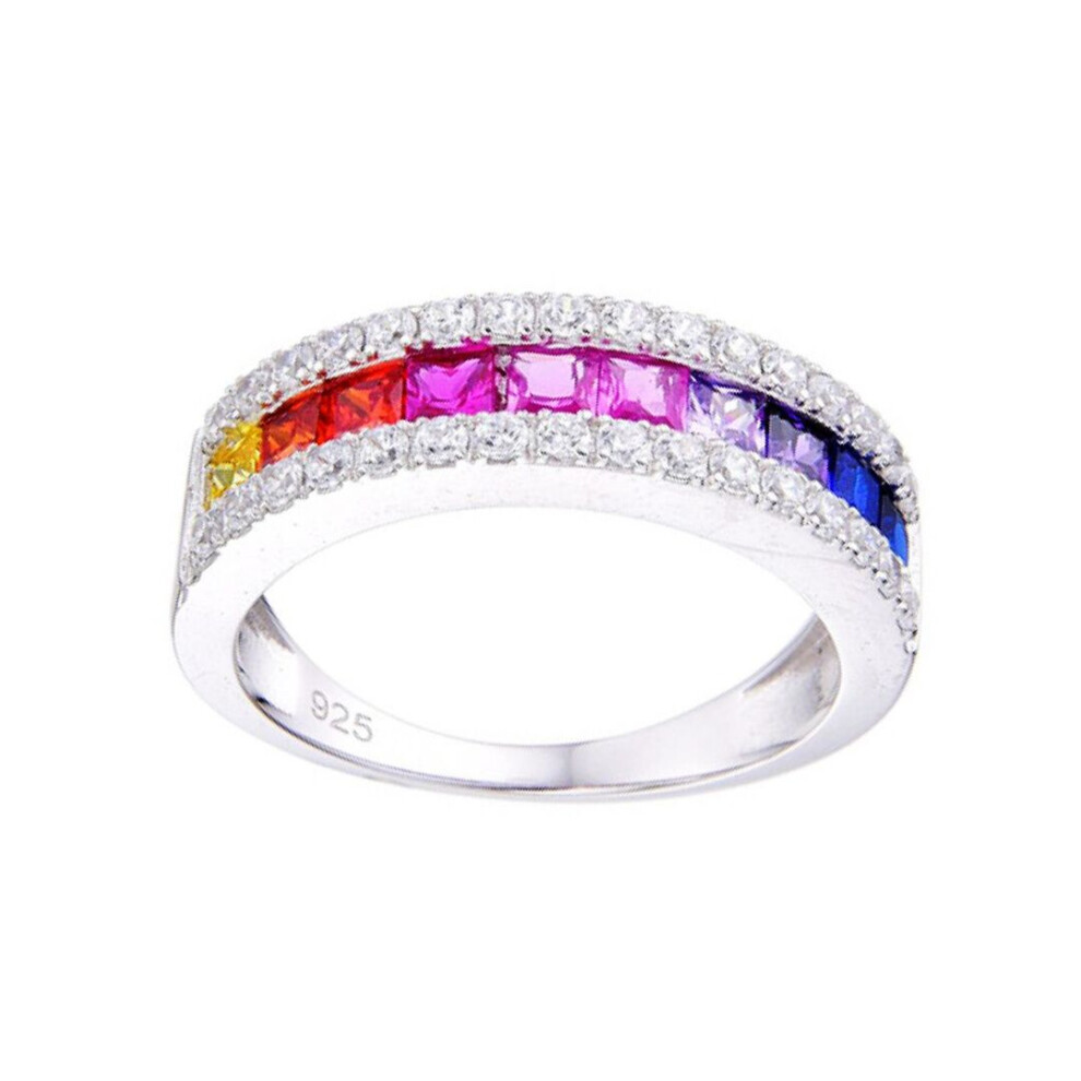 Jewelco London (P) Rhodium Rainbow Princess Cz Channel Set Aurora Half Eternity Ring - Arn194 Silver