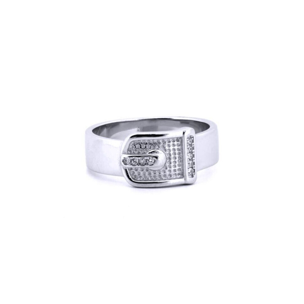 Jewelco London (O) Unisex Rhodium Round Cz Hammered Belt Buckle Ring - Arn176 Silver