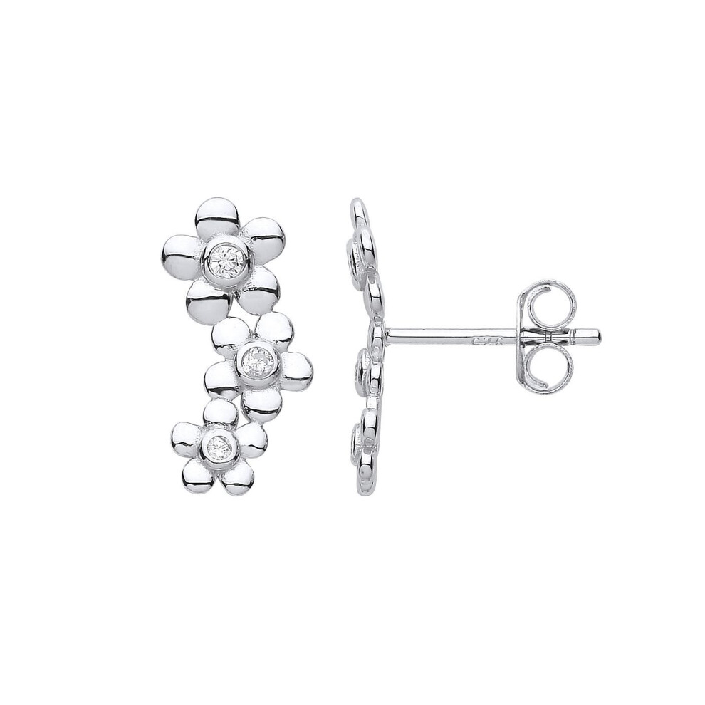 Jewelco London Ladies Rhodium Plated Sterling Cz Trilogy Daisy Flower Cluster Drop Earrings - Eag1167 Silver