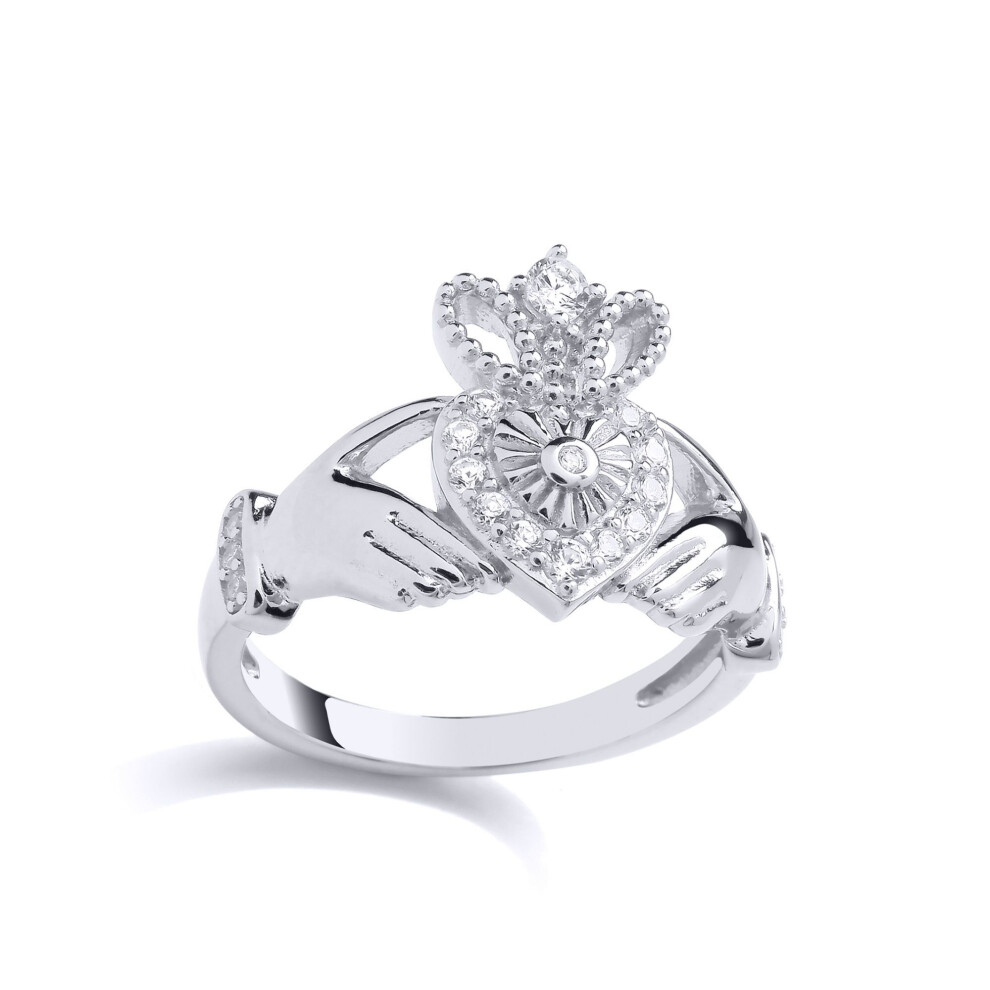 Jewelco London (M) Ladies Rhodium Plated Sterling Cz Fluted Sunburst Love Heart Crown Claddagh Ring - Gvr926 Silver