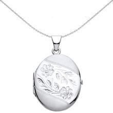 Jewelco London Ladies Rhodium Plated Sterling Silver Flower Leaves Engraved Ribbon Satin Oval Locket Pendant Necklace - LK57