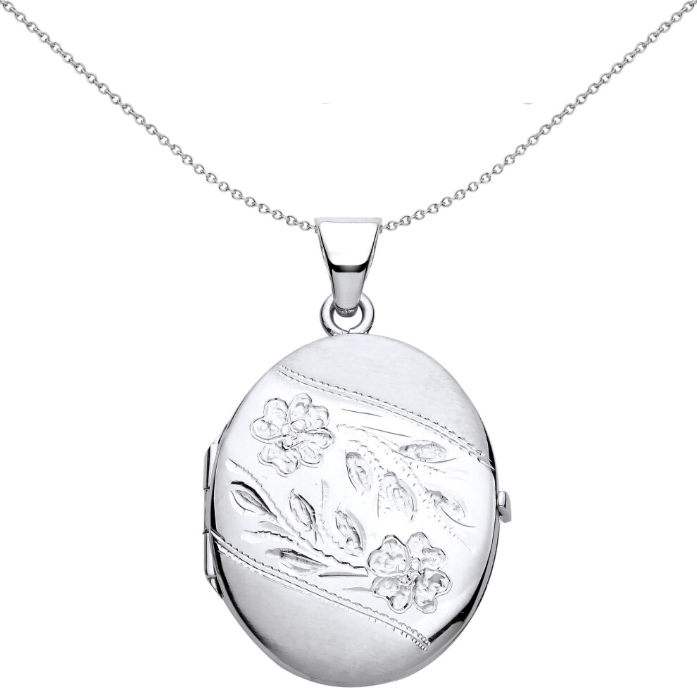 Jewelco London Ladies Rhodium Plated Sterling Flower Leaves Engraved Ribbon Satin Oval Locket Pendant Necklace - Lk57 Silver