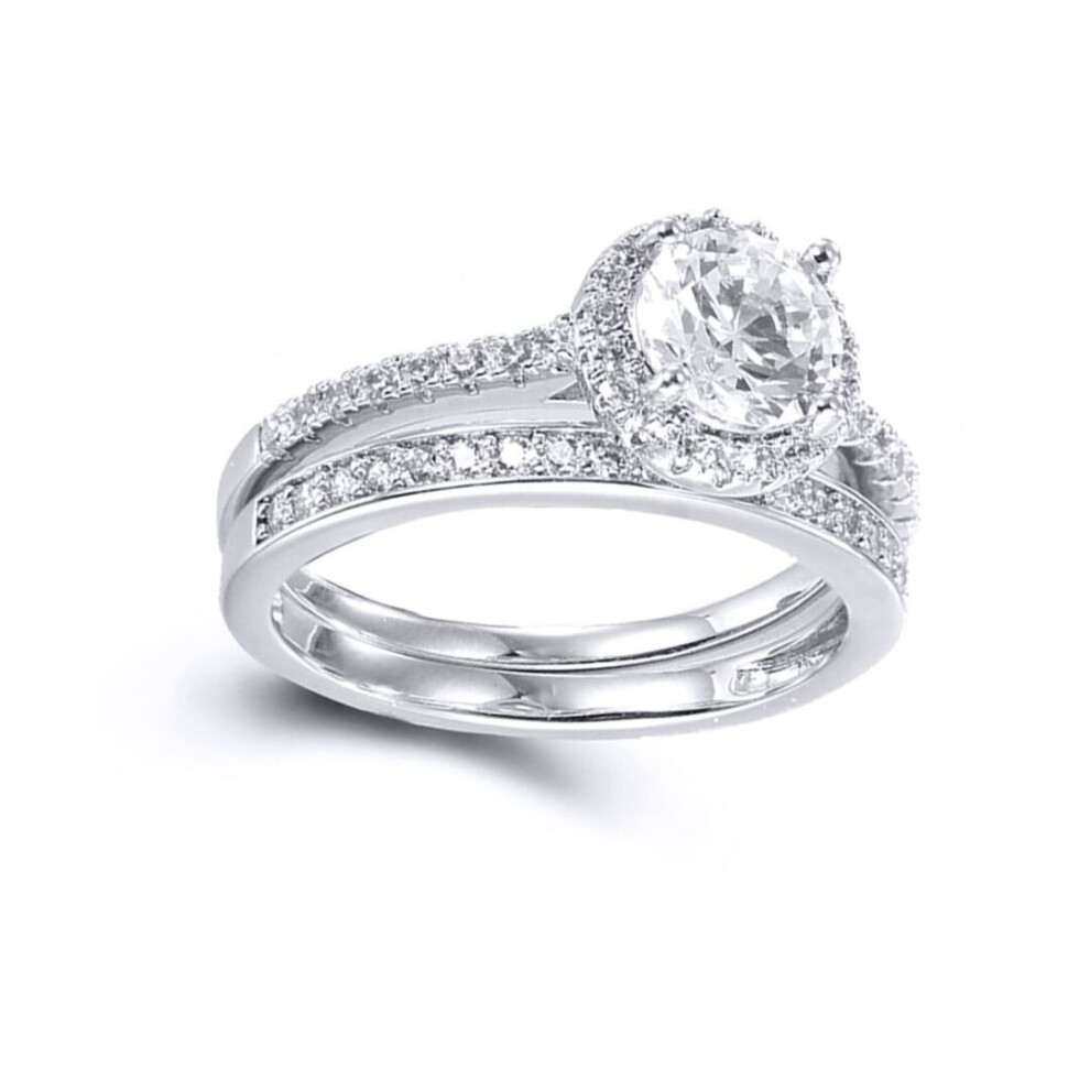 Jewelco London (P) Sterling Cz Shoulder-Set Halo Solitaire Wedfit Bridal Rings Set - Arn154 Silver