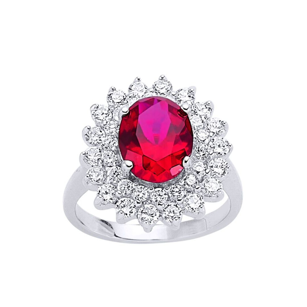 Jewelco London (L) Ladies Sterling Silver Ruby-Red Oval Cubic Zirconia Royal Cluster Solitaire Engagement Ring - Gvr302-Rub Red,Silver