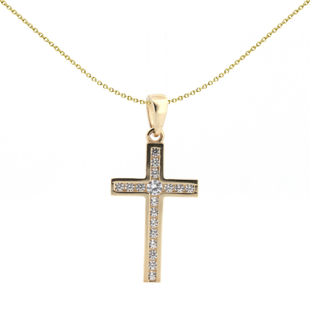 Jewelco London Solid 9Ct Yellow Gold Cubic Zirconia Art Deco Outline Channel Set Cross Pendant - Jpx149 Gold,Yellow