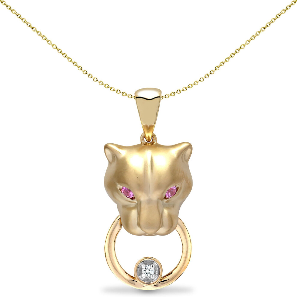Jewelco London 9Ct Yellow Gold Rub Over Set 0.03Ct Diamond And Pink 0.07Ct Sapphire Panther Door Knocker Charm Pendant - 9P140 Blue,Pink,Gold