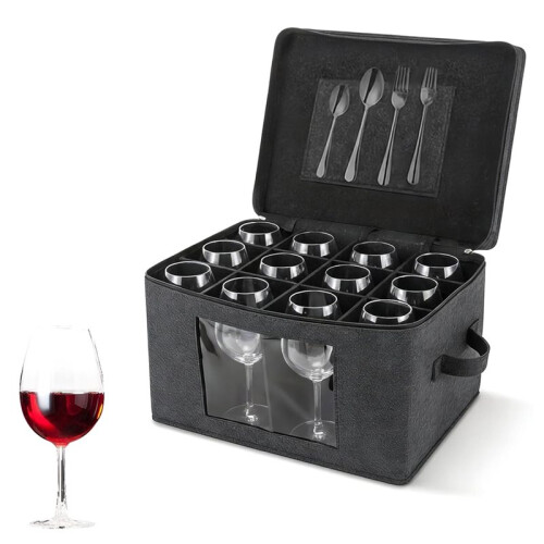 Wine Glass Storage Box with Lid, Hard Shell Stemware Storage Container with 12 Dividers, Glassware Packing Box 1