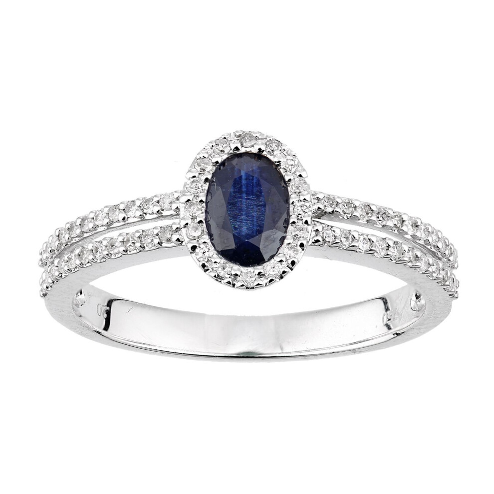 Jewelco London (N) 18Ct White Gold Round 20Pts Diamond Oval 0.55Ct Sapphire Split Shoulder Halo Cluster Ring - Dr1axl615w18sa Blue,White,Gold