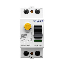 TOMZN TOB7L-63 2P Elektromagnetyczny Wyłącznik Różnicowoprądowy Typu A 63A 100mA, Przeciwporażeniowy, do Kabiny Prysznicowej