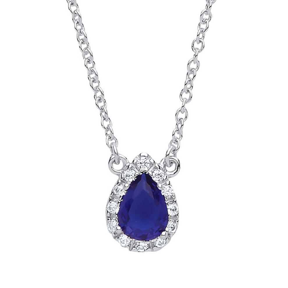 Jewelco London Ladies Sterling Sapphire-Blue Pear Cubic Zirconia Teardrop Halo Charm Necklace 16 + 2 Inch - Gvk159sap Silver