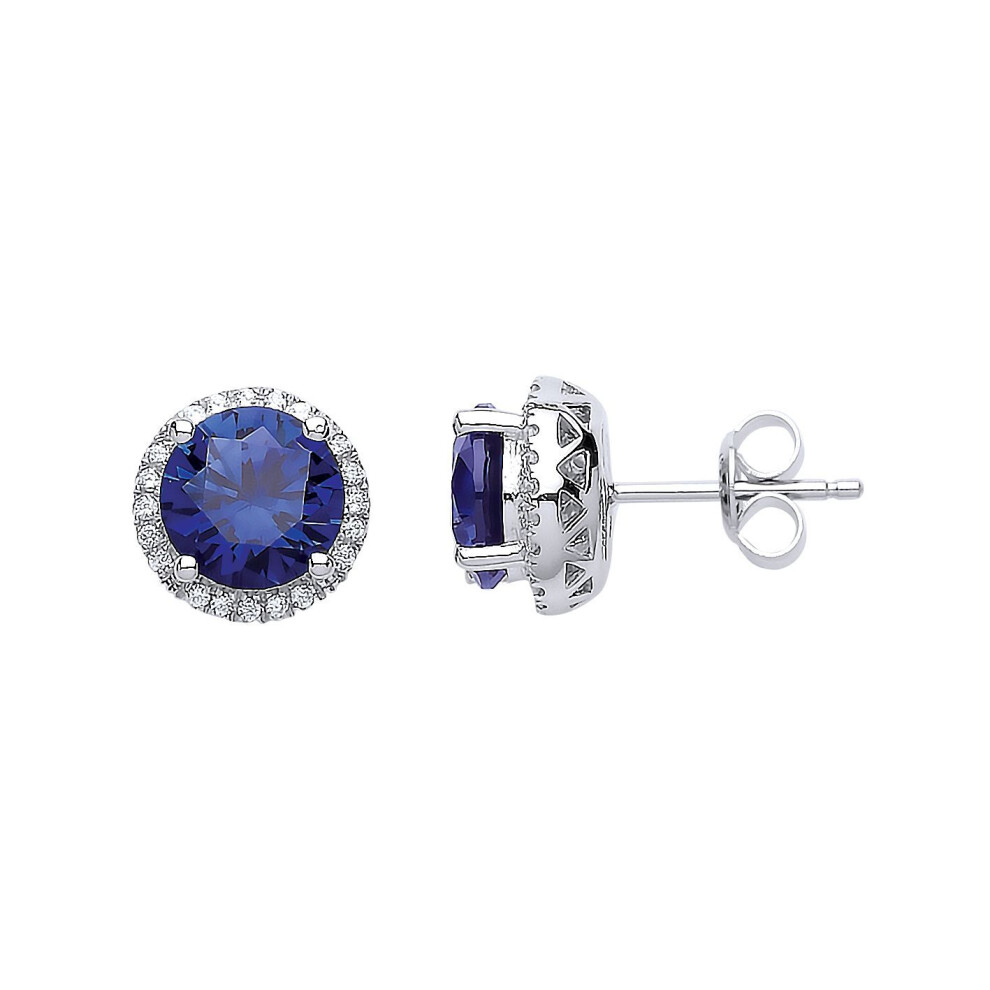 Jewelco London Ladies Sterling Sapphire-Blue Cubic Zirconia Halo Stud Earrings - Gve617 Silver