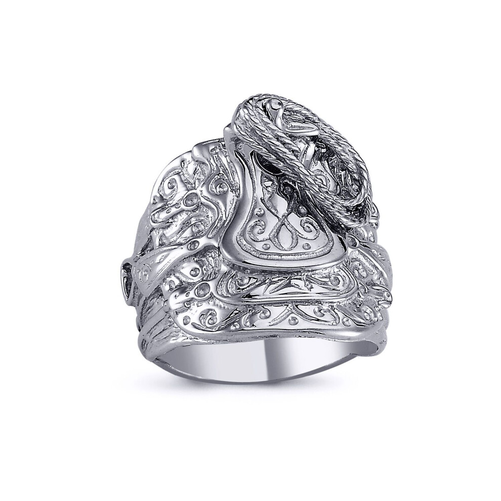 Jewelco London (V) Mens Rhodium Plated Sterling Horse Rope Saddle Ring 22Mm - Arn091 Silver
