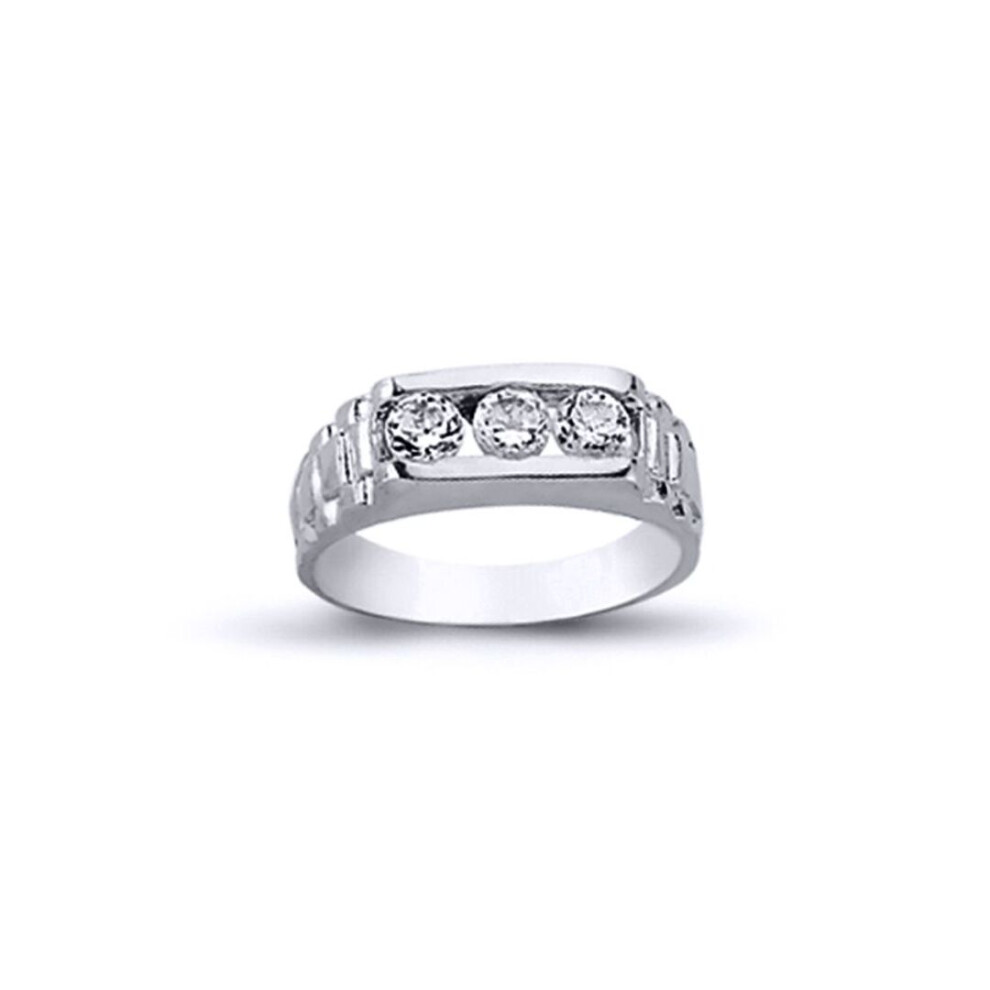 Jewelco London (M) Rhodium Plated Sterling Round Cubic Zirconia Trilogy Watch Style Signet Ring 4Mm - Arn109 Silver