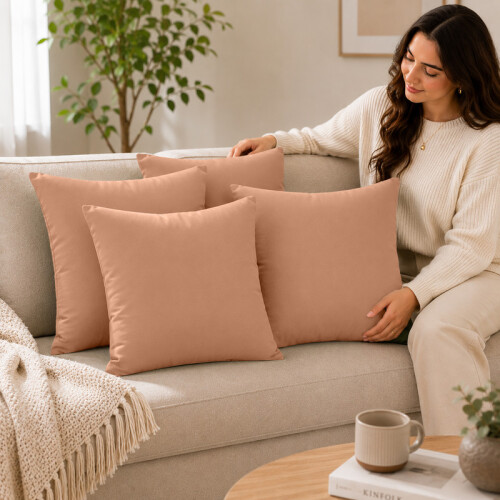 (Pack of 2, Peach) 40x40cm Plain Dyed Microfiber Cushion Covers | Extra Large Throw Pillow Covers 2
