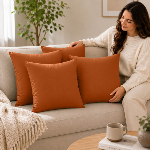 (Pack of 4, Rust) 40x40cm Plain Dyed Microfiber Cushion Covers | Extra Large Throw Pillow Covers