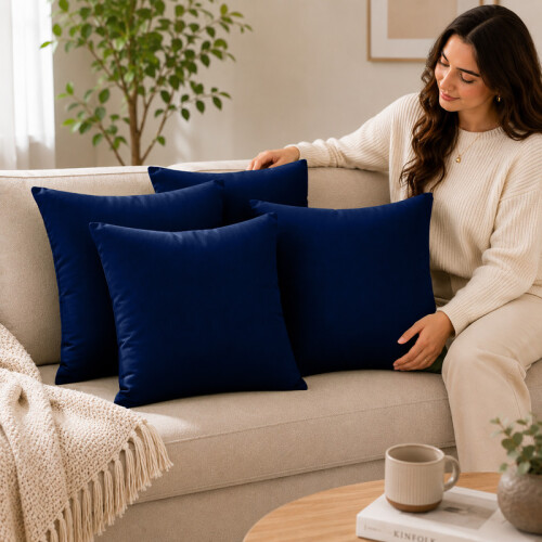 (Pack of 4, Navy) 40x40cm Plain Dyed Microfiber Cushion Covers | Extra Large Throw Pillow Covers