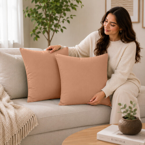 (Pack of 4, Peach) 40x40cm Plain Dyed Microfiber Cushion Covers | Extra Large Throw Pillow Covers 2