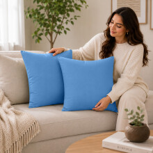 (Pack of 2, Washed Blue) 40x40cm Plain Dyed Microfiber Cushion Covers | Extra Large Throw Pillow Covers