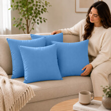 (Pack of 4, Washed Blue) 40x40cm Plain Dyed Microfiber Cushion Covers | Extra Large Throw Pillow Covers