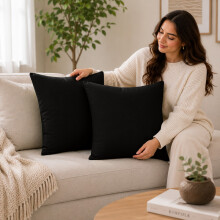 (Pack of 2, Black) 40x40cm Plain Dyed Microfiber Cushion Covers | Extra Large Throw Pillow Covers