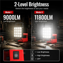 Refletor de Trabalho LED de 60 W e 9000 Lúmens com Duas Portas USB para M18, Compatível com Bateria de 18 V