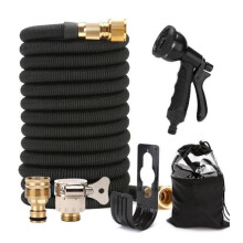 15m expandable garden hose with 8-in-1 spray gun, 8 nozzles and 3/4" & 1/2" brass fittings, storage bag
