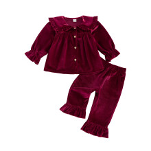(12-18 Months, Red) 2Pcs Toddler Girl Velvet Outfit Puff Long Sleeve Doll Collar Solid Color Button Front Tops and Bell Bottom Pants Set