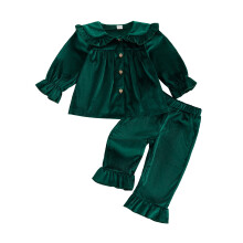 (12-18 Months, Green) 2Pcs Toddler Girl Velvet Outfit Puff Long Sleeve Doll Collar Solid Color Button Front Tops and Bell Bottom Pants Set