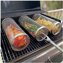 Balenie 3 grilovacích košov Rolling Grill, grilovacie koše na grilovanie, valcové grilovacie koše z nehrdzavejúcej ocele, 3 ks 30 cm