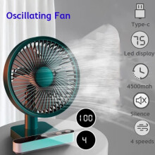 Tichý oscilačný ventilátor - prenosný stolový USB ventilátor s batériou 4000 mAh, 4 rýchlosti, oscilácia 180, zelený