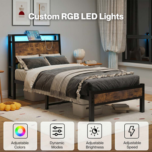 Levede Single Bed Frame Platform Storage Headboard Charging Station LED Lights 2