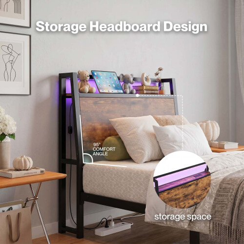 Levede Single Bed Frame Platform Storage Headboard Charging Station LED Lights 2