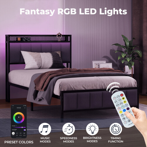 Levede Large Single Bed Frame Metal 90x200cm LED Headboard Charging Station 1
