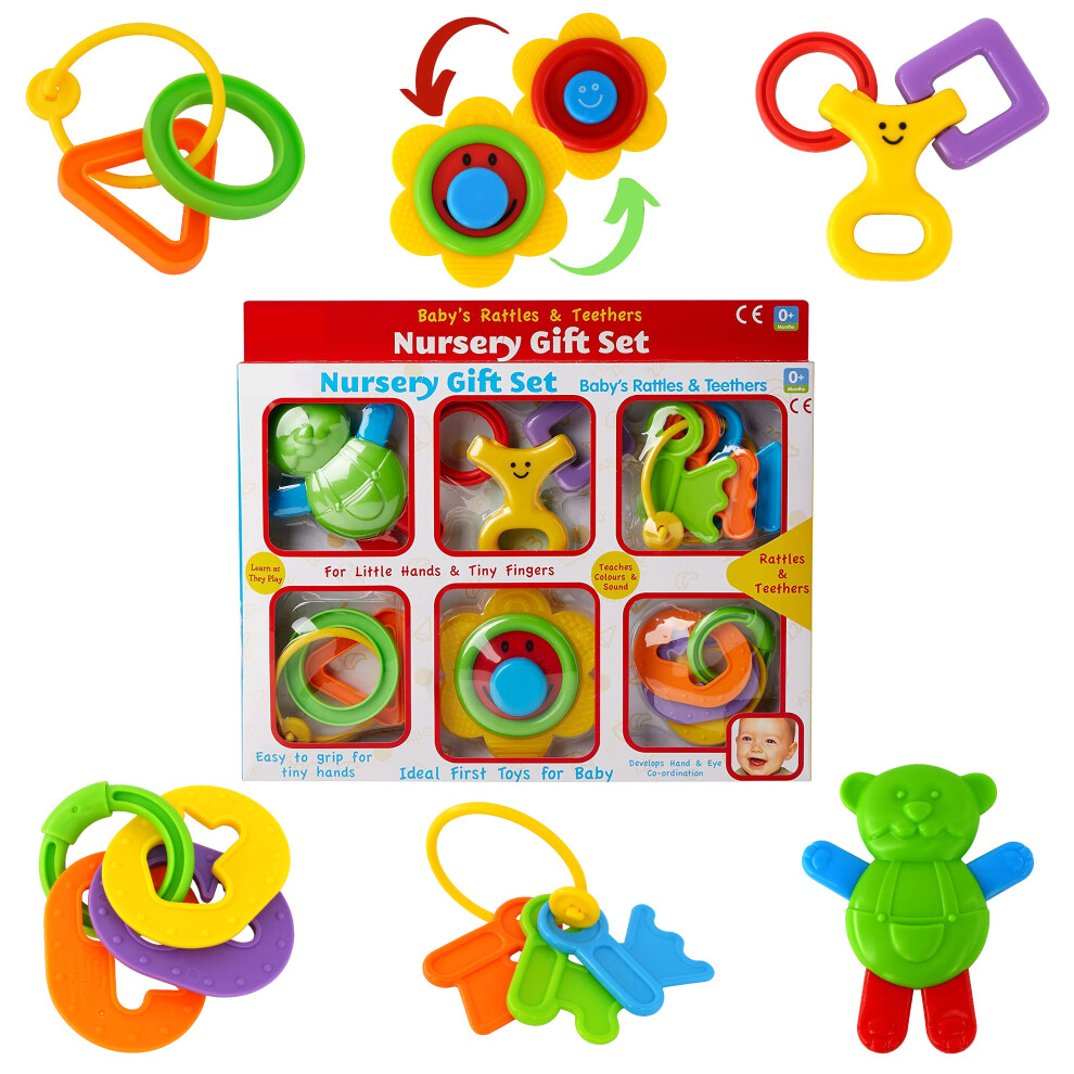 The Magic Toy Shop 6 Pc Baby Rattles And Teethers Bpa Free Teething Infant Set Newborn Sensory Toy