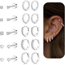(E2238 silver 10 pairs set, 14k) Hot Sale Gold Plated Brass Earring Set, INS Trendy Hoop & Stud Earrings for Women