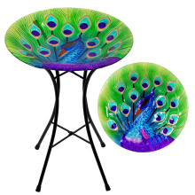 GEEZY Garden Bird Bath Glass Table Peacock Design Free Standing Feeder Decoration