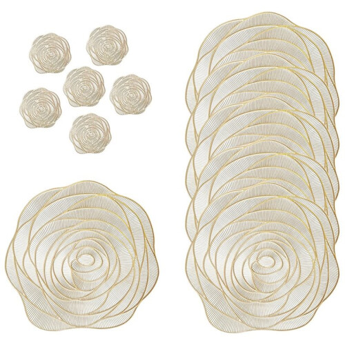 12pcs Fanquare Gold Round Placemats and Coasters Rose Pattern for Dining Decor 1
