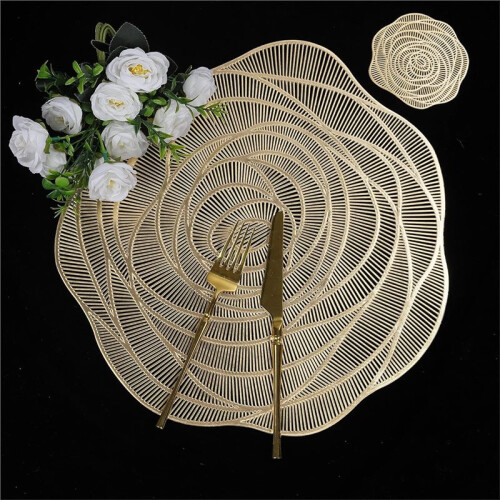 12pcs Fanquare Gold Round Placemats and Coasters Rose Pattern for Dining Decor 2