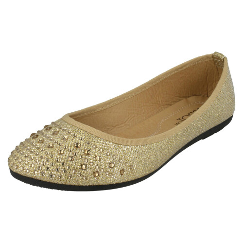(Gold, UK 8) Ladies Spot On Flat Ballerinas F80278