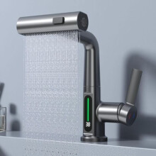 Wasserfall-Küchenarmatur mit Brause, gebürstetes Nickel, Edelstahl, ausziehbar, drehbar, Landhausstil, gewerbliche Bararmatur, Grau