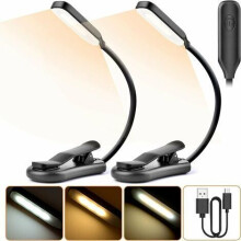 Lampe de lecture à pince, 7 LED, 3 niveaux de luminosité, col flexible à 360 (noir), lot de 2