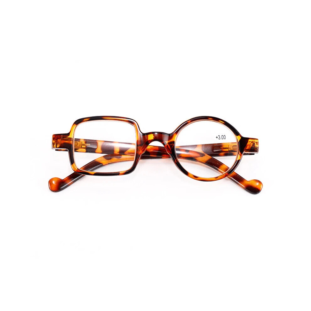(brown, +1.50) Funky Asymmetrical One Square One Round Presbyopia Reading Glasses Vintage Eyeglasses