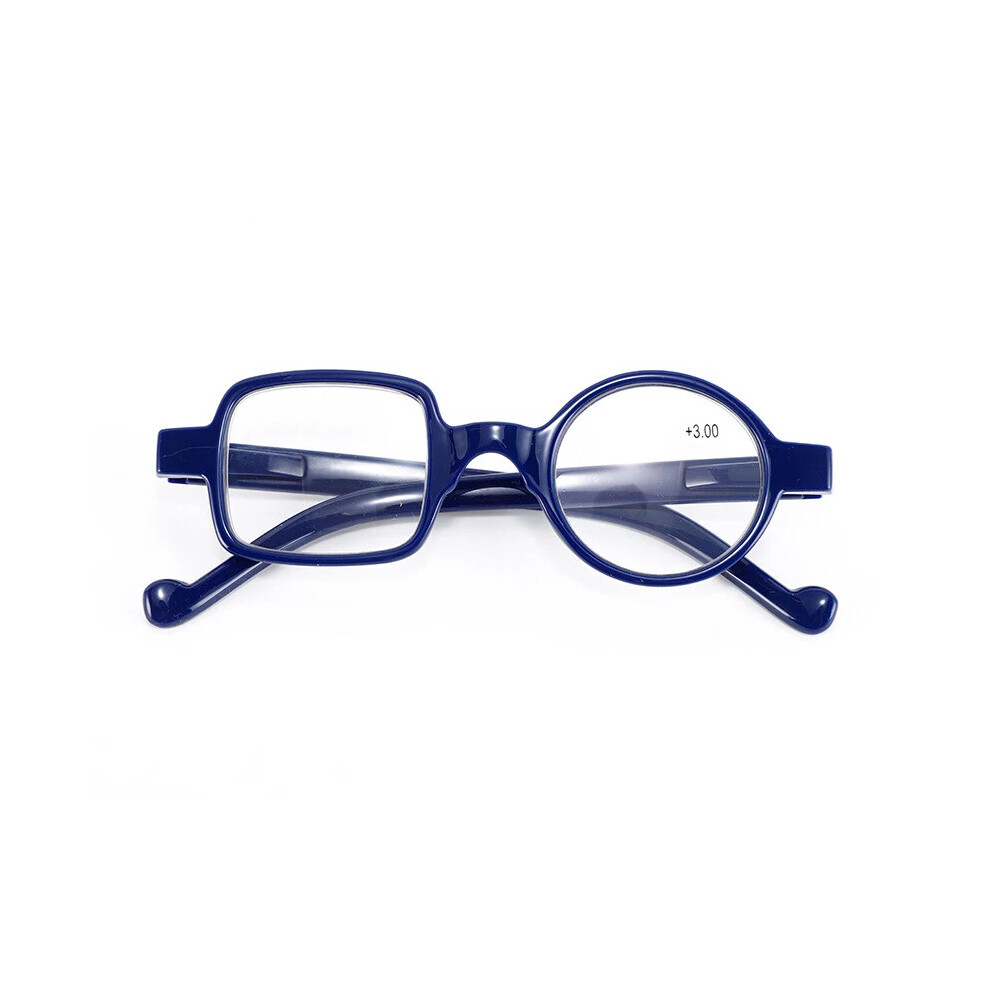 (blue, +3.50) Funky Asymmetrical One Square One Round Presbyopia Reading Glasses Vintage Eyeglasses
